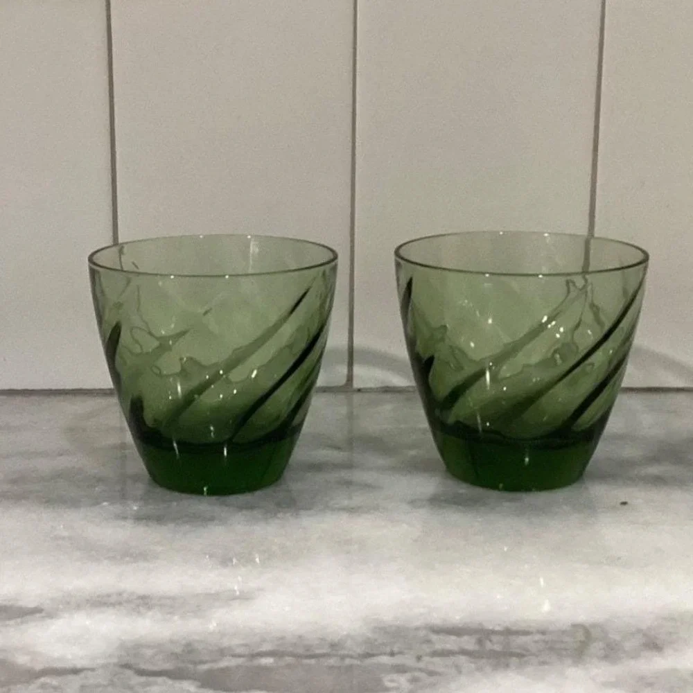 Libbey Avocado Green Swirl Lowball Tumblers, Set of 2, Vintage Glass‎ Drinkware